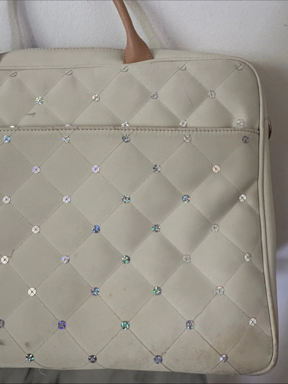 Abbi Cream Quilted Laptop Bag with Crystal Studs and Tan Trim